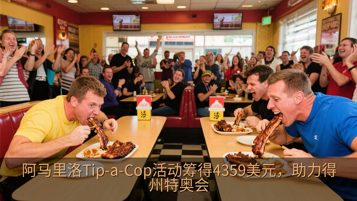 餐厅内举行热闹的慈善肋排速食比赛,观众在旁欢呼